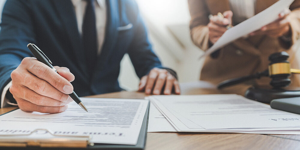lawyer lawsuit notary consultation or discussing negotiation legal case with document contract women entrepreneurs in the office.